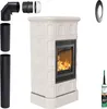 A white tiled wood-burning stove with accessories, including pipes and sealant, displayed against a white background. Anteprima dell’immagine prodotto
