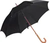 A black umbrella with a wooden handle and shaft, shown against a white background. Produktbild-Vorschau