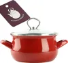 A red enamel pot with a glass lid and a tag attached to the handle. Produktbild-Vorschau