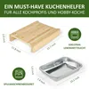 A product image showing a bamboo cutting board and a metal baking tray, with dimensions and feature icons. Produktbild-Vorschau