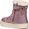 A single pink boot with heart cutouts and a white fuzzy lining, shown from the side. Produktbild-Vorschau