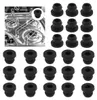 A collection of black rubber feet for a stove, with a close-up inset of the feet on a stove. Produktbild-Vorschau