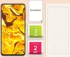 A smartphone with a colorful abstract wallpaper and a set of screen protector accessories, including a dust absorber and wet/dry cleaning wipes. Produktbild-Vorschau