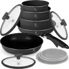 A set of cookware, including pots, pans, lids, and a detachable handle, arranged on a white background. Anteprima dell’immagine prodotto