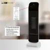 A Clatronic heater is shown on a white surface with a blurred background. Text boxes highlight features and a diagram shows sensor touch operation. Produktbild-Vorschau