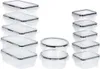 A collection of clear plastic food storage containers with black lids, arranged in stacks and groups on a white background. Náhled obrázku produktu