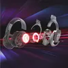 An exploded view of MSI Immerse GH50 gaming headphones, showing internal components and glowing red lights against a dark, abstract background with streaks of purple and blue light. Anteprima dell’immagine prodotto