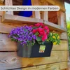 A black planter box filled with colorful flowers, mounted on a wooden wall. Produktbild-Vorschau