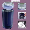 A collage of images showing a blue electric grinder with its lid off and close-ups of its features like the transparent lid, safety buckle, and stainless steel blade. Produktbild-Vorschau