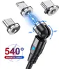 A magnetic charging cable with three different magnetic adapters (USB-C, Micro USB, Lightning) is shown, demonstrating its 360-degree and 180-degree rotation capabilities. The text highlights '540° MAGNETIC CABLE'. Produktbild-Vorschau