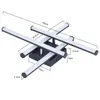 A modern black ceiling light with multiple white LED bars, shown with dimensions indicated by measurement lines and text. Voir les images du produit