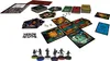 A collection of board game components, including cards, tokens, and miniatures, laid out on a white surface. Produktbild-Vorschau