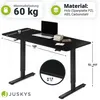 A black height-adjustable desk with a laptop and books on it, with various measurements and material information displayed. Produktbild-Vorschau