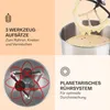 A collage of images showcasing features of a kitchen mixer, including attachments, a planetary mixing system, and text descriptions. Produktbild-Vorschau