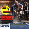 A woman is working on a motorcycle in a garage, with a wall-mounted storage system for tools and parts in the foreground. Produktbild-Vorschau