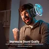 A man wearing headphones is shown with a graphic overlay indicating sound quality. Produktbild-Vorschau