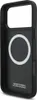 The back of a black iPhone case with a white circular magnetic charging ring and text at the bottom. Voir les images du produit