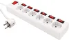 A white power strip with six outlets and individual red switches, along with its white plug, is shown against a white background. Produktbild-Vorschau