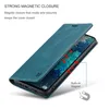 A teal phone case is shown open, revealing the phone screen inside. Text describes the magnetic closure feature. Produktbild-Vorschau