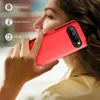 A woman is holding a red phone case to her ear, as if making a call. Produktbild-Vorschau