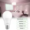 A bedroom scene with a bed, curtains, and lamps, featuring a prominent LED light bulb in the foreground and technical specifications on the right. Produktbild-Vorschau