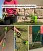 A collage of images showing a green and black cordless string trimmer being used in various gardening tasks. Produktbild-Vorschau