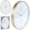 A collage of three images showing a white and gold wall clock with a thermometer and hygrometer. One image shows the clock in its packaging. Produktbild-Vorschau
