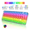 A transparent RGB backlit keyboard with various function keys and lighting modes displayed. Produktbild-Vorschau