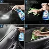 A four-panel collage showing the steps for cleaning car windows and interior surfaces with a cleaning spray. Produktbild-Vorschau