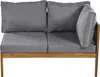 A close-up view of a grey outdoor sofa with wooden legs. Voir les images du produit