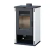 A white and black modern wood-burning stove is shown against a white background. Produktbild-Vorschau
