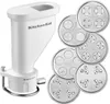 A white KitchenAid pasta maker attachment and several metal pasta discs are displayed against a white background. Podgląd zdjęcia produktu