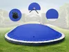 A blue pool cover is shown on a trampoline in a garden setting, with three circular insets showing details of the cover and its accessories. Produktbild-Vorschau