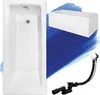 A collage of a white bathtub, a separate view of a white bathtub, and a black drain assembly with a silver overflow cover. Produktbild-Vorschau