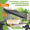 A large gray cantilever umbrella is shown in a backyard setting, with text overlays highlighting its features. Produktbild-Vorschau