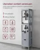 A tall, narrow gray bathroom cabinet with two drawers and three open shelves, displayed against a light gray wall. Text and icons on the left highlight storage features. Produktbild-Vorschau
