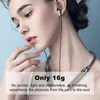 A woman wearing in-ear headphones, with text overlay highlighting product features. Produktbild-Vorschau