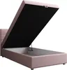 A pink upholstered bed frame with its storage compartment open, revealing the interior. Voir les images du produit