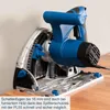 A close-up view of a circular saw on a wooden surface, with text overlay describing its features. Produktbild-Vorschau