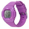 A purple digital watch with a silver buckle is shown against a white background. Produktbild-Vorschau