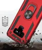 A red phone case is shown in a dramatic, falling pose, with debris flying around it, suggesting durability. Produktbild-Vorschau