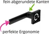 A black handle with arrows and text indicating its features. Produktbild-Vorschau