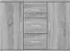A front view of a gray wood cabinet with two doors and three drawers. Voir les images du produit