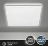 A white LED ceiling light with a star-like pattern is shown against a gray background. Below the light, there are two circular badges with text and icons, and text indicating the light's color temperature and features. Produktbild-Vorschau