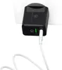 A black dual USB wall charger plugged into a white wall outlet, with a white USB cable connected to one of the ports. Produktbild-Vorschau