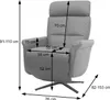 A gray recliner chair with dimensions indicated by arrows and text. Produktbild-Vorschau