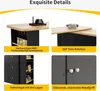 Collage of four close-up images showcasing different features of a black and wood-toned kitchen island/cart. Anteprima dell’immagine prodotto