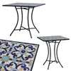 A square mosaic garden table with a black metal frame, shown from a slightly elevated angle. A close-up of the mosaic pattern is also visible in the bottom left corner. Produktbild-Vorschau