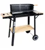 A black charcoal grill with wooden shelves and side tables, shown on a white background. Produktbild-Vorschau