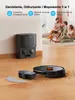 A robot vacuum cleaner and its charging dock are shown on a wooden floor, with a family in the background. Text overlays describe the product's features. Podgląd zdjęcia produktu